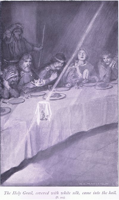De Heilige Graal, bedekt met witte zijde, kwam de zaal binnen door William Henry Margetson