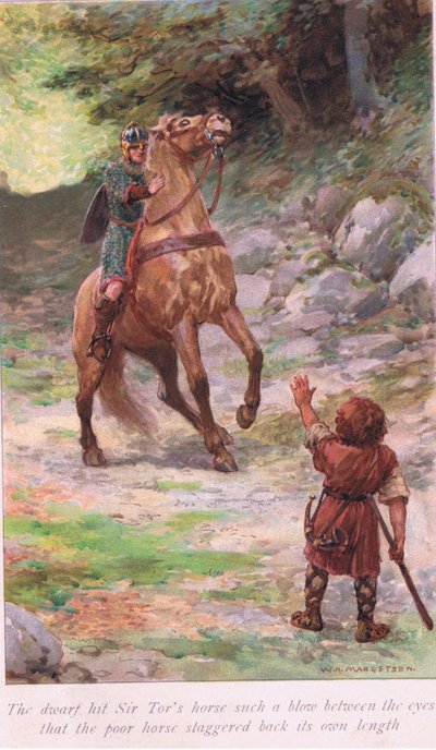 De dwerg sloeg het paard van Sir Tor zo hard tussen de ogen dat het arme paard een eigen lengte achteruit wankelde door William Henry Margetson
