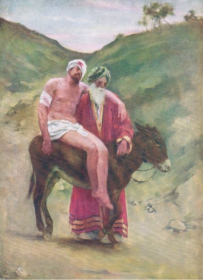 De barmhartige Samaritaan, uit Het Bijbel Prentenboek uitgegeven door Thomas Nelson, ca.1950 door William Henry Margetson