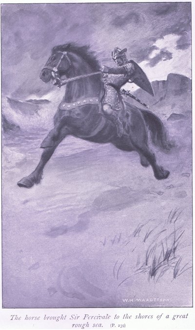 Het paard bracht Sir Percivale naar de oevers van een grote ruwe zee door William Henry Margetson