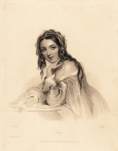 Portret van Amy. Schoonheid met een sluier over lang haar, jurk met hermelijnen rand, die een parelketting vasthoudt. Staalgravure door William Henry Mote naar een illustratie van John Hayter uit Charles Heath