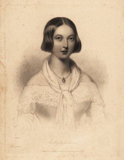 Jonge koningin Victoria, begin 20. Staalgravure door William Henry Mote naar een illustratie van William Drummond uit Charles Heath