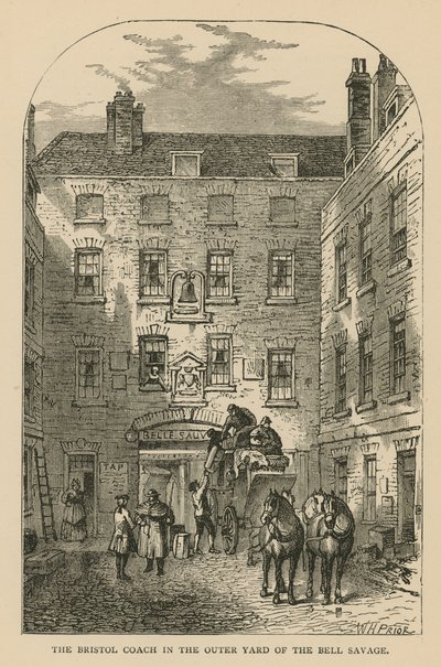 De Bristol Coach in de buitenplaats van The Bell Savage, Londen door William Henry Prior