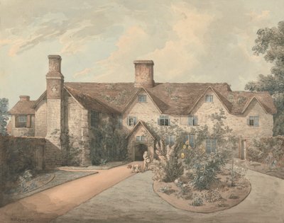 Een jongen die een trommel speelt in de tuin van een landhuis door William Henry Pyne