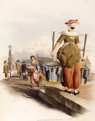 Een melkmeisje, uit The Costumes of Great Britain, uitgegeven door Henry Miller, 1805 door William Henry Pyne