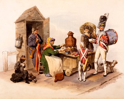 Een Sallop-verkoper die warme dranken serveert, uit 