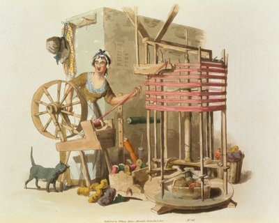 Een vrouw die wol spint (gegraveerd door de kunstenaar, 1808) door William Henry Pyne