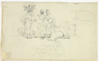 Figuren met marktgoederen en drie schetsen door William Henry Pyne