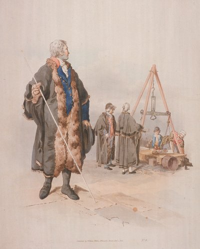 Ward Beadle in burgerkostuum, met een staf, bij een Wardmote Inquest, 1805 door William Henry Pyne