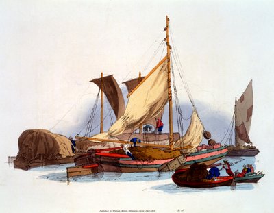 Watermannen en schippers verplaatsen goederen en passagiers, 1808 door William Henry Pyne