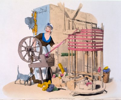 Vrouw die wol spint op een draaiende machine voor het maken van strengen, 1808 door William Henry Pyne