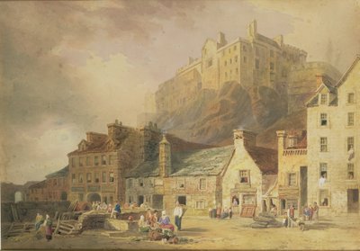 Kasteel van Edinburgh vanaf de Grass Market, met zicht op de Little West Port, c.1820 door William Henry Stothard