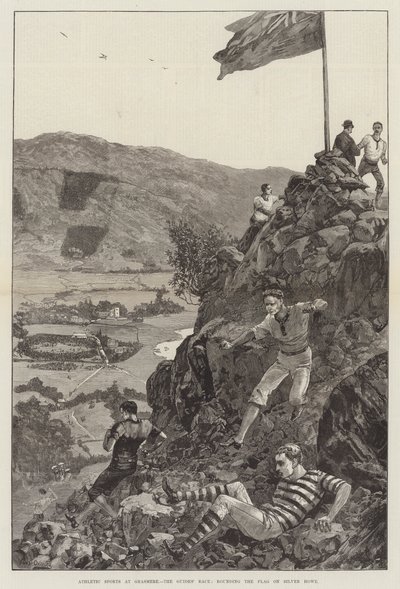 Atletieksporten in Grasmere, de gidsenrace, rond de vlag op Silver Howe (gravure) door William Heysham (after) Overend