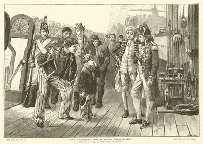 Eén vrijwilliger is drie gedwongen mannen waard (gravure) door William Heysham (after) Overend