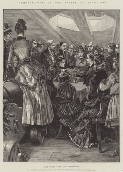 Herdenking van de Slag bij Trafalgar, HMS Victory op 21 oktober 1886, in Portsmouth door William Heysham Overend