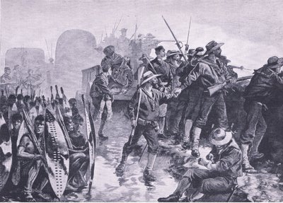 Verdediging van een laager tegen een Zulu-aanval, illustratie uit British Battles on Land and Sea, 1915 door William Heysham Overend