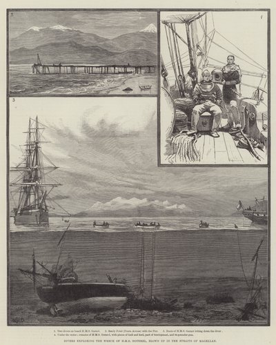 Duikers verkennen het wrak van HMS Doterel, opgeblazen in de Straat van Magellan door William Heysham Overend