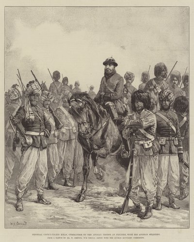 Generaal Ghous-ud-din Khan, commandant van de Afghaanse troepen in Penjdeh, met zijn Afghaanse soldaten door William Heysham Overend