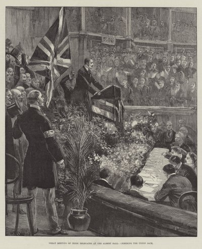 Grote bijeenkomst van Ierse afgevaardigden in de Albert Hall, juichend voor de Union Jack door William Heysham Overend