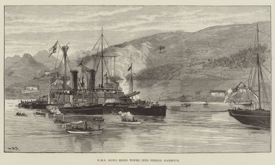 HMS Howe wordt de haven van Ferrol binnen gesleept door William Heysham Overend