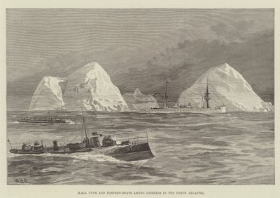 HMS Tyne en torpedoboten tussen ijsbergen in de Noord-Atlantische Oceaan door William Heysham Overend