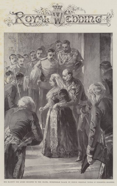 Hare Majesteit de Koningin begeleid naar de Kapel, Buckingham Palace, door Prins Christian Victor van Sleeswijk-Holstein door William Heysham Overend