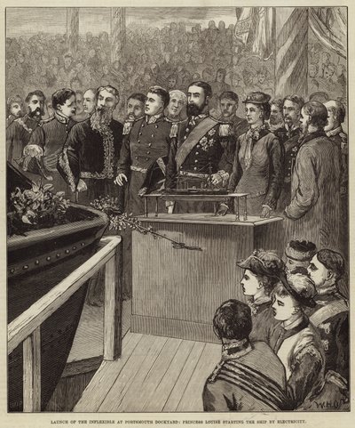 Lancering van de Inflexible in Portsmouth Dockyard, Prinses Louise start het schip met elektriciteit door William Heysham Overend