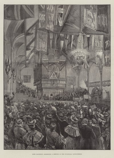 Lord Salisbury spreekt een vergadering toe in de Guildhall, Londonderry door William Heysham Overend