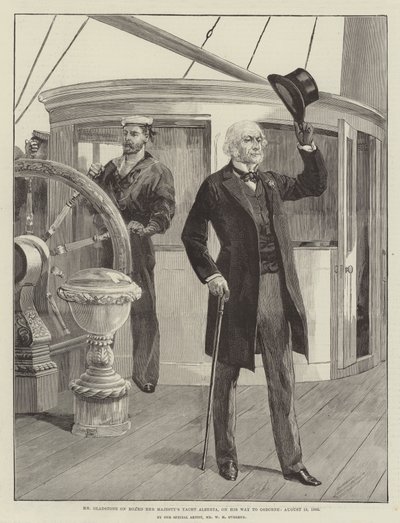 Mr. Gladstone aan boord van het jacht Alberta van Hare Majesteit, op weg naar Osborne, 15 augustus 1892 door William Heysham Overend