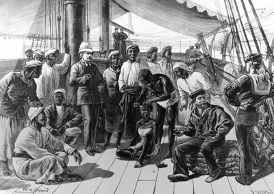 De heer Stanley en enkele van zijn Afrikaanse volgelingen aan boord van HMS Industry, gepubliceerd in 