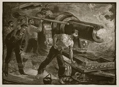 Zeestrijd: het bedienen van een scheepskanon, gegraveerd door W.J. Palmer door William Heysham Overend