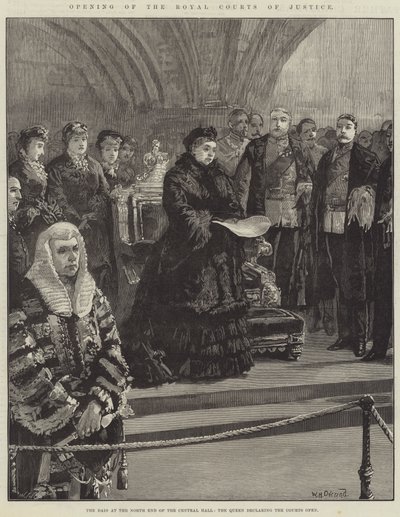 Opening van de Royal Courts of Justice, het podium aan de noordkant van de centrale hal, de koningin verklaart de rechtbanken geopend door William Heysham Overend