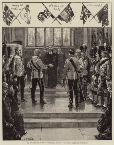 Het plaatsen van de oude Schotse regimentkleuren in de St Giles