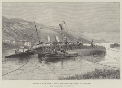 Positie van HMS Howe bij Ferrol na de eerste poging om haar te lichten door William Heysham Overend