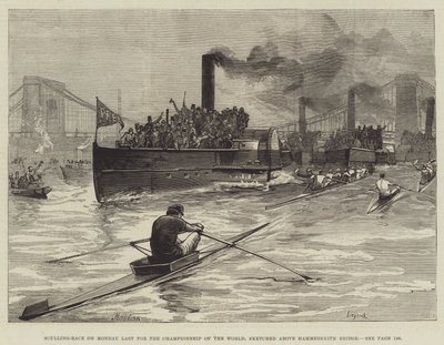 Sculling-race afgelopen maandag voor het wereldkampioenschap, geschetst boven Hammersmith Bridge door William Heysham Overend