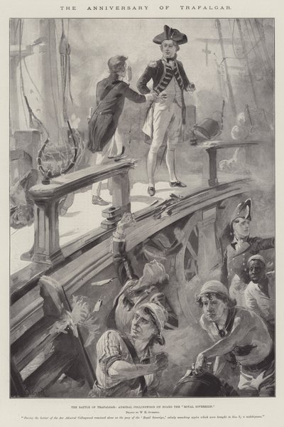 De verjaardag van Trafalgar, de slag bij Trafalgar, admiraal Collingwood aan boord van de Royal Sovereign door William Heysham Overend