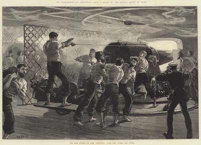 Het bombardement van Alexandrië, de hoofdbatterij van HMS Alexandra (bakboordzijde) tijdens de actie door William Heysham Overend
