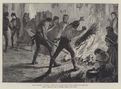 De cholera in Spanje, vuren voor het ontsmetten van de straten van Granada door William Heysham Overend