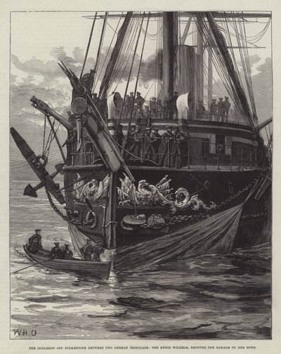De botsing bij Folkestone tussen twee Duitse ijzeren schepen, de Konig Wilhelm, met schade aan haar boeg door William Heysham Overend