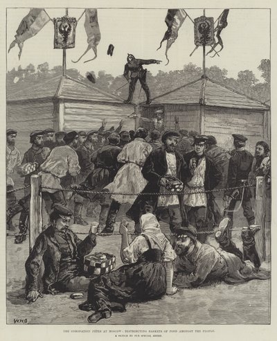 De kroningsfeesten in Moskou, het uitdelen van voedselmanden onder het volk door William Heysham Overend