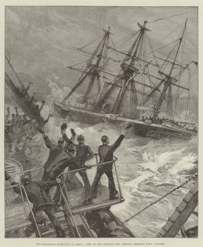 De rampzalige orkaan in Samoa, bemanning van het Amerikaanse schip Trenton juicht HMS Calliope toe door William Heysham Overend