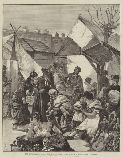 De Aardbeving in Spanje, Mensen van Granada die Schuilen in Houten Hutten en Tentjes door William Heysham Overend