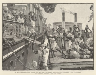 De Emin Pasha Relief Expedition bij Banana Point, 18 maart 1887, de stoomboot Madura brengt passagiers over naar een Congo-rivierstoomboot door William Heysham Overend