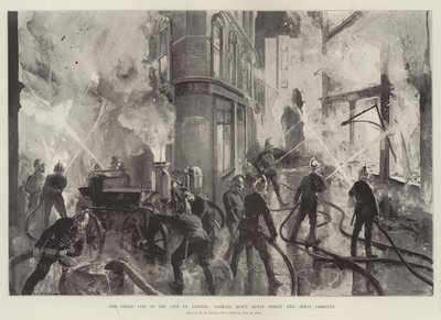 De Grote Brand in de Stad Londen, kijkend naar beneden op Jewin Street en Jewin Crescent door William Heysham Overend
