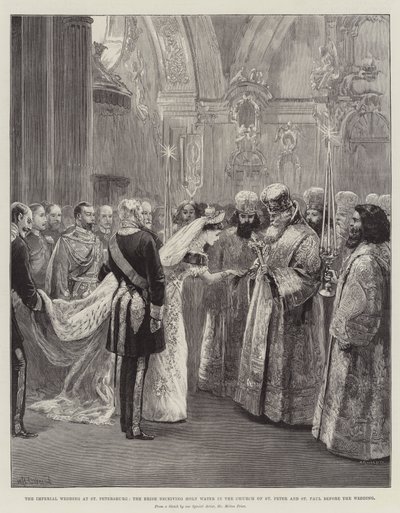 Het keizerlijke huwelijk in Sint-Petersburg, de bruid ontvangt heilig water in de kerk van Sint-Pieter en Sint-Paulus voor het huwelijk door William Heysham Overend