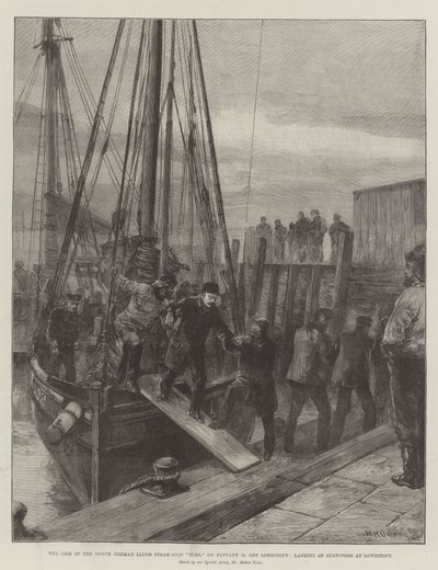 Het verlies van het Noord-Duitse Lloyd stoomschip Elbe, op 30 januari, bij Lowestoft, landing van overlevenden in Lowestoft door William Heysham Overend