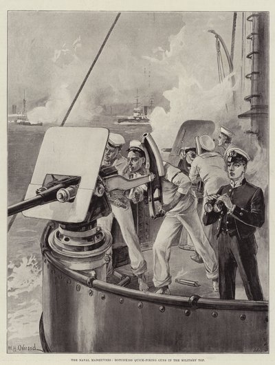 De Marine Manoeuvres, Hotchkiss Snelvuurkanonnen in de Militaire Top door William Heysham Overend