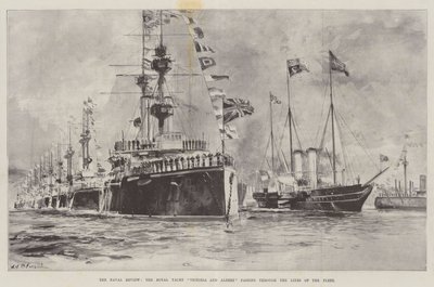 De Marine Review, het Koninklijk Jacht Victoria en Albert die door de Linies van de Vloot varen door William Heysham Overend