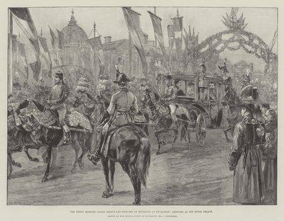 De pasgetrouwde kroonprins en prinses van Roemenië in Boekarest, aankomst bij het Koninklijk Paleis door William Heysham Overend
