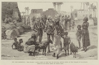 De Nijl Expeditie, de Kameelkorps van de Wachten op Weg naar Dongola, melk kopen in het Dorp Magrekah door William Heysham Overend